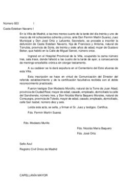 Copia literal del Certificados de Defunción de Casta Esteban Navarro