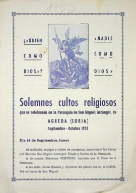 Solemnes cultos religiosos que la Parroquia de S. Miguel Arcángel de Ágreda, celebrará en honor d...