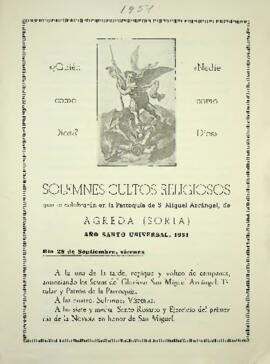 Solemnes cultos religiosos que la Parroquia de S. Miguel Arcángel de Ágreda, celebrará en honor d...