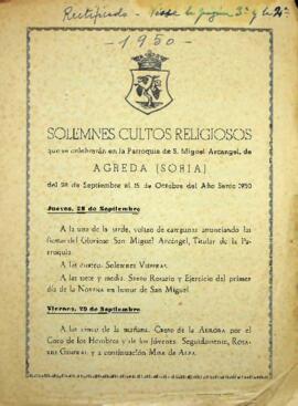 Solemnes cultos religiosos que la Parroquia de S. Miguel Arcángel de Ágreda, celebrará en honor d...